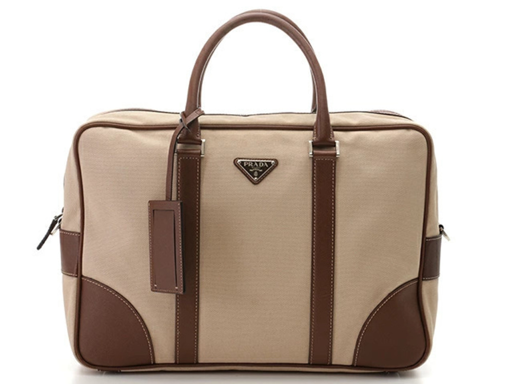 Prada business bag canvas calfskin Beige Cream brown